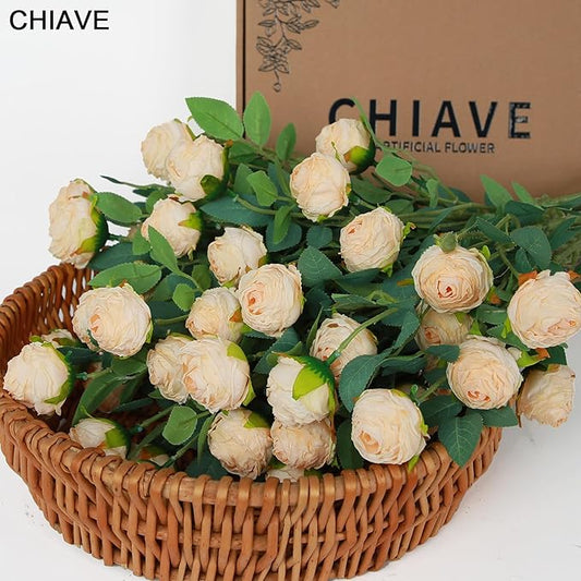 CHIAVE 8pcs 24 Flower Buds Artificial Vintage Roses Fake Silk Rose Flowers with Long Stem for DIY Bouquets Wedding Centerpiece Party Home Kitchen Shorp Decoration-Beige