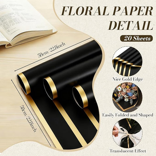 Tuojecuk Flower Bouquet Wrapping Paper, 20 Sheet Waterproof Floral Bouquet Wrapping Paper, Florist Supplies Packaging Paper for Wedding Birthday Gift (Black)