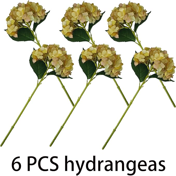 Hydrangea Artificial Flowers,6 Pcs Faux Hydrangea Flowers,Artificial OchreYellow Hydrangeas Flowers with Stems,Fake Hydrangeas,Yellow Silk Flowers with Stems for Home Decor