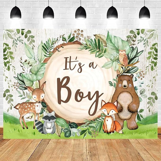 12x8ft Woodland Baby Shower Backdrop It's a Boy Photography Background Jungle Green Grass Safari Animals Bear Fox Baby Boys Party Banner Decorations Newborn Portrait Photo Booth Prop