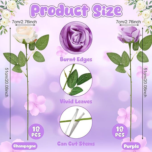 36 Pcs Purple, Champagne Artificial Roses with Long Stems, Purple Fake Silk Rose Artificial Flowers Bulk for Bridal Wedding Bouquet Centerpiece Ball Arrangement Party Decor