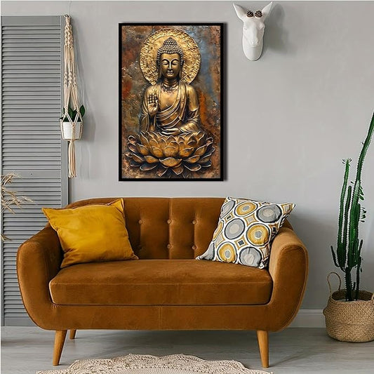 Buddha Wall Art Golden Buddha in Lotus Seat Serene spiritual statue radiant aura Meditation and mindfulness wall art suitable for sacred spaces 12x18in Metal blackFramed