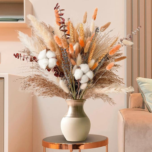 Fall Dried Flower Bouquet – Boho Fall Decor with Pampas Grass, Cotton, and Orange Bunny Tails – Autumn Floral Arrangement for Home, Mantel, or Vase – Fall Decorations for Home Indoor & Porch