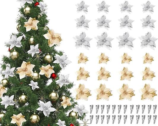 Boao 24 Pieces Christmas Artificial Glitter Poinsettia Flowers Xmas Flowers Wedding Christmas Tree New Year Ornaments (Gold and Silver)