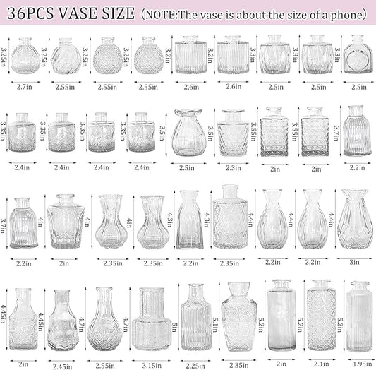 36Pcs Bud Vases Set Small Vintage Glass Bottles Clear Bud Vases in Bulk Multiple Shape Cute Glass Vases for Rustic Wedding Centerpieces Table Decorations and Home Decor(Clear)