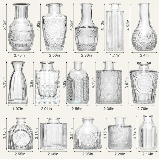 Arme 16Pcs Glass Bud Vase Set,Small Flower Vase for Centerpieces,Clear Bud Vases in Bulk, Mini Vintage Vase for Rustic Wedding Decorations