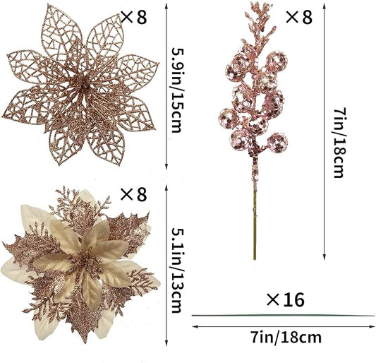 24Pcs Christmas Poinsettia Artificial Flowers and Glitter Berries Kit, 2 Styles Total 16Pcs Christmas Tree Flowers Ornaments, 8Pcs Christmas Tree Picks for Wedding Holiday Decorations, Rose Gold