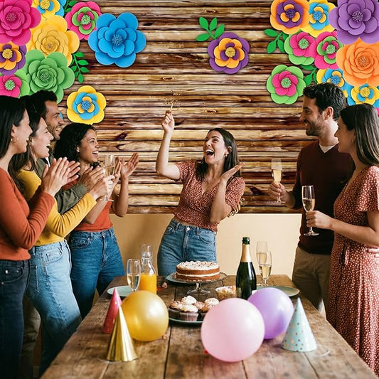 Frienda 36 Pcs DIY Paper Flower Decor Set with 83x59 Inch Custom Background Cloth and Rope, Artificial 3D Flower Wall Decor for Wall Bulletin Board Wedding Halloween Mexican Festive Party(Wooden)