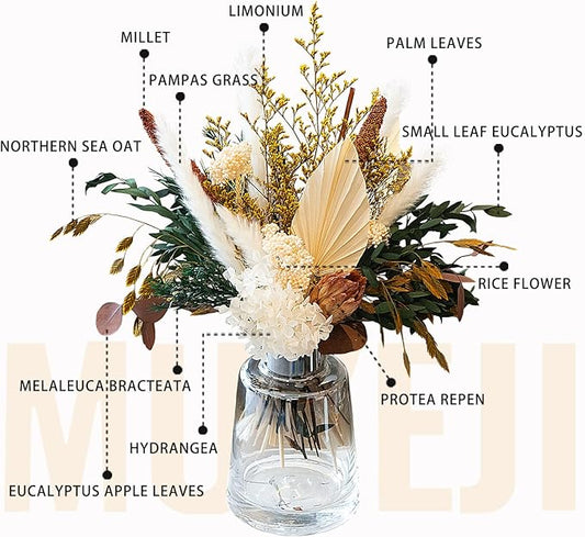 Natural Dried Flower Bouquet - Pampas Grass Decor, Fall Floral Arrangements with Eucalyptus, Plams, Hydrangea, Rustic Bouquet for Vase, Boho Table Centerpiece, Bohemia Home Wedding Decoration