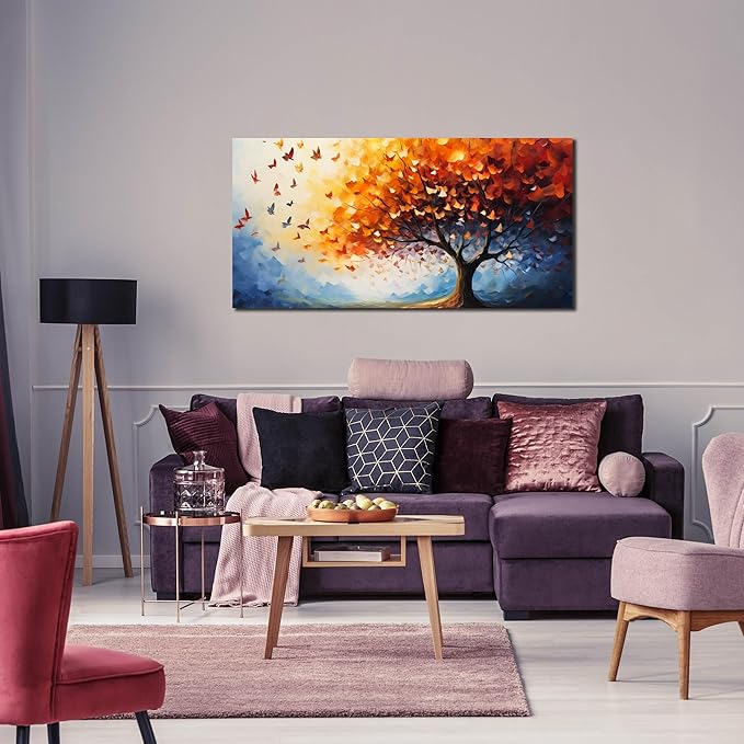 ANCXWOTER Butterfly Tree Canvas Wall Art for Living Room Bedroom Home Office Orange and Blue Colorful Butterfly Picture Tree of Life Wall Art Large Modern Canvas Prints 20x40 In