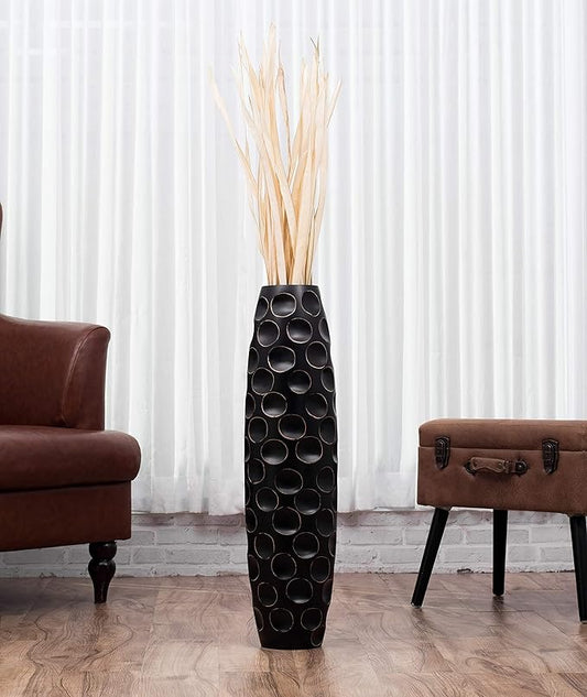 Leewadee Large Black Home Decor Floor Vase - Wooden 26 inch Tall Farmhouse Decor Flower Holder for Fake Plant and Pampas Grass