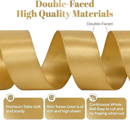 Light Gold Satin Ribbon, Double Faced 1 Inch X 50 Yards Light Gold Ribbon, Premium Satin Ribbon for Gift Wrapping, Crafts, Hair Bow Making, Sewing, Flower Bouquet, Wedding Party Decor