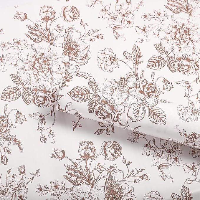 WRAPAHOLIC 20 Sheets Flower Wrapping Paper - 22.4 x 22.4 inch Coffee Vintage Floral Printed Water-Resistant Floral Bouquet Wrapping Paper, Florist Supplies Packaging for Wedding Birthday Gift DIY
