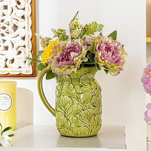 Sungmor Embossed Ceramic Pitcher Vase, Decorative Green Farmhouse Ceramic Pitcher for Flowers, Vintage Textured Vase for Table, Kitchen & Home Decor, 8 Inch with Ice Crackle Glaze Finish