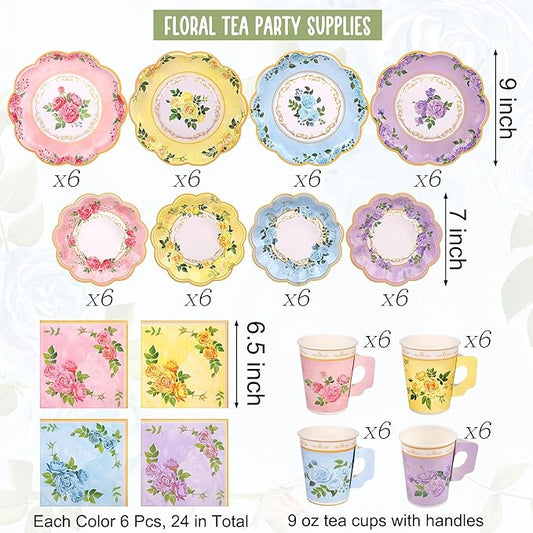 96 Piece Floral Paper Tea Cups and Saucers 9 Oz Teacup with Handle 9 Inch and 7 Inch Paper Plate Napkin Disposable Tea Party Supplies Serve 24 for Wedding Birthday, Pink, Blue, Yellow, Purple