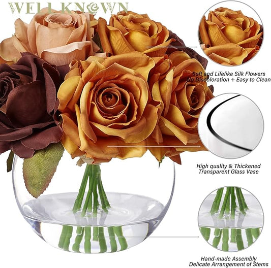 WELL KNOWN Silk Rose Artificial Flowers Arrangements with Vase, Artificial Rose Bouquet in Round Bowl Vase with Faux Water for Home Party Wedding Table Decor & Gift (Maillard Brown & Burnt Orange)