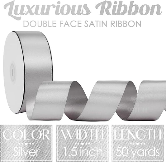 MEEDEE Silver Satin Ribbon 1-1/2 Inch Silver Ribbon Lux Double Faced Satin Ribbons by 50 Yards Polyester Satin Ribbons for Crafts, DIY Crafts, Weddings, Flower Bouquet, Holiday Decorating