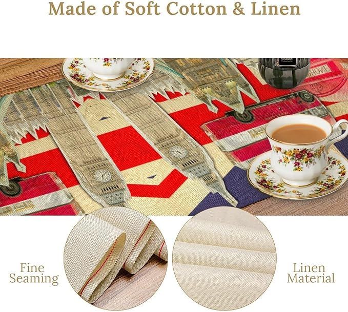 British Table Runner, Seasonal Vintage Buildings England London Culture Element Coffee Table Center Decor for Home Kitchen Dining Patio Holiday Party Table Decorations 13x90 inches