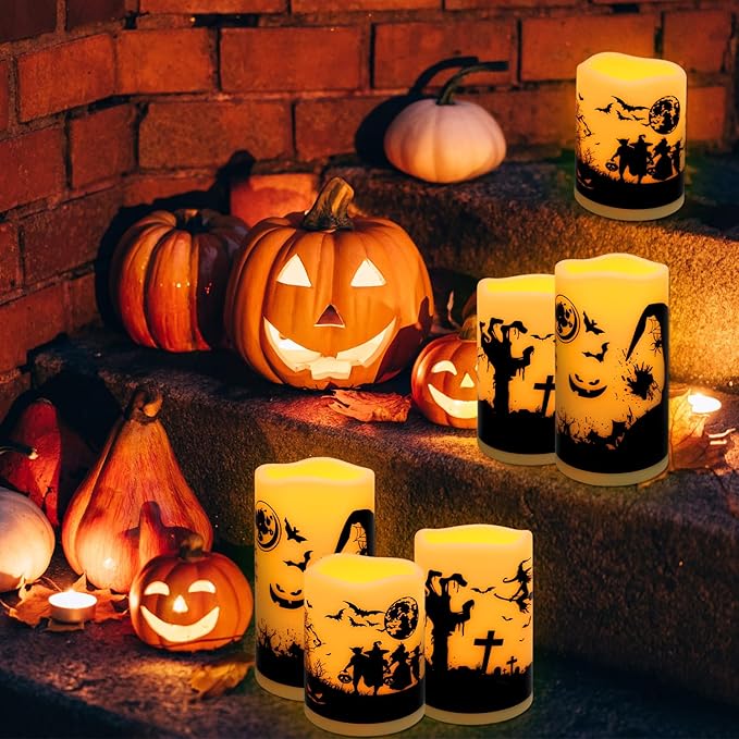 A Set of 6 Halloween-Themed LED flameless Candles, Featuring a timed Remote Control and Halloween-Themed Atmosphere Patterns, Perfect for Trick-or-Treating LED Candles,Halloween Spooky.