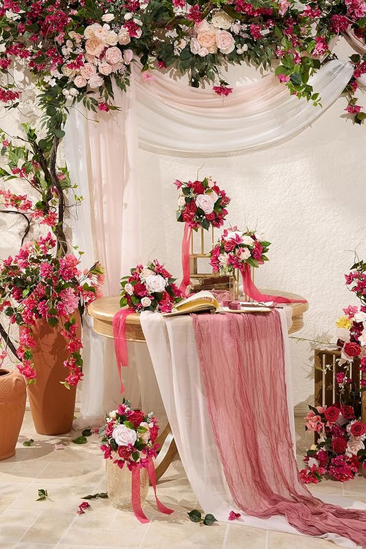 Ling's Moment Pink White Artificial Wedding Arch Flowers Kit Pack of 4, 2pcs Hanging Flower Arrangement 2pcs Chiffon Drapes Ceremony Reception Silk Rose Arbor Backdrop Floral Garden Outdoor Decoration