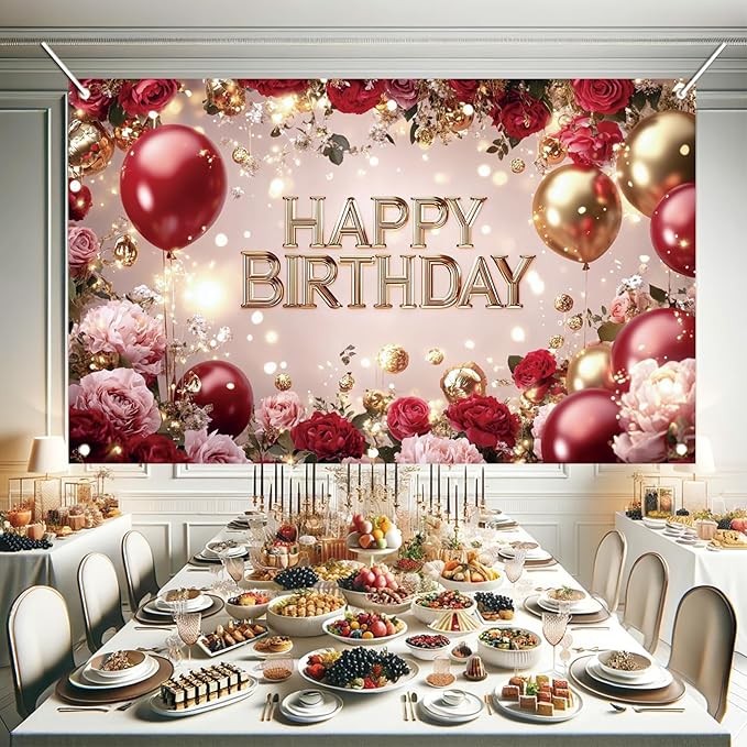 Red and Gold Happy Birthday Backdrop Banner Elegant Roses Balloons Photography Background Birthday Party Decorations Photo Booth Props Supplies 71x43 Inch
