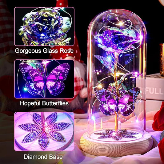 Beferr Christmas Rose Gifts for Women Mom Birthday Gifts, Galaxy Glass Rose Forever Preserved Flowers for Delivery Prime Light Up Rose in Glass Dome with Butterfly Xmas Gifts for Grandma Her Wife