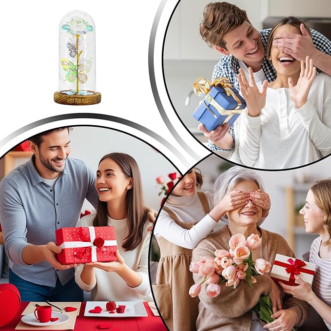 Artificial Glass Flowers, Encourages Romantic Gestures, 11.5x11.5x22cm, Wedding Decoration Dome, Rose Dome Centerpiece, LED Illuminated Design, for Holiday Birthday Mother’s Day Wedding Women