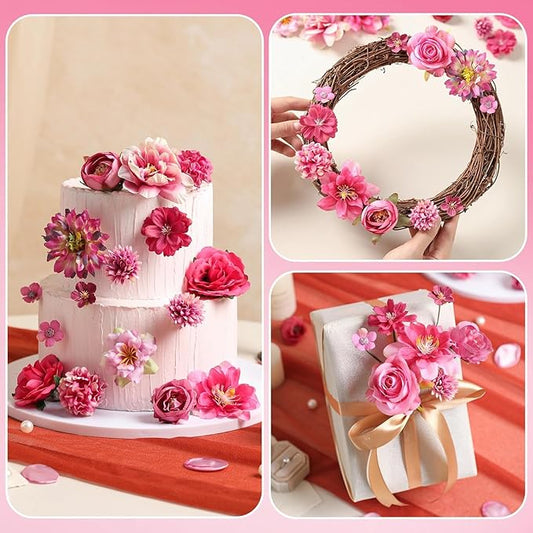 Artificial Flowers Heads Combo Rose Red Flowers Mix Silk Flowers Heads Pink Bulk Faux Rose for Craft Garland Graduation Cap Wedding Bridal Baby Shower Home Party Decoration DIY Cake Decor