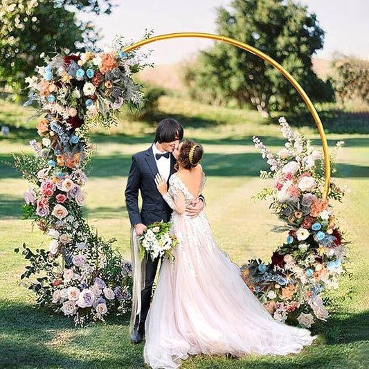 7.2FT Round Backdrop Stand Gold - Circle Balloon Arch Kit Frame Wedding Balloon Arch Kit with Stand Base Flower Ring Arch for Ceremony Birthday Party Baby Shower Christmas Thanksgiving Day
