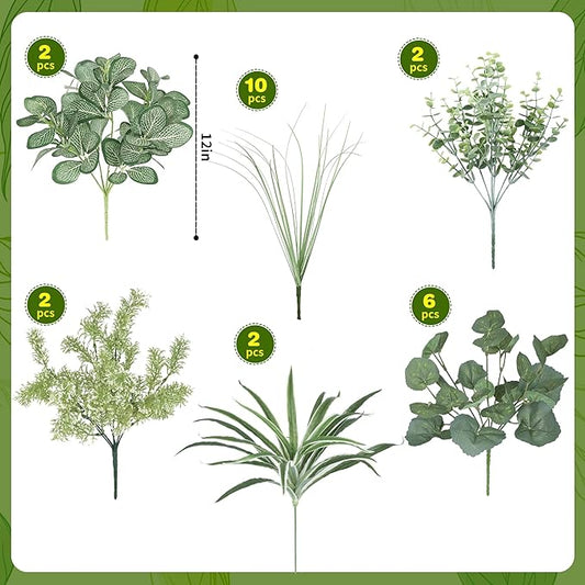24Pcs Artificial Outdoor Plants UV Resistant Fake Plastic Greenery Boxwood Eucalyptus Spring Onion Grass for Outside Yard Front Porch Patio Window Box Planter Hanging Basket Decor (Grey Green)