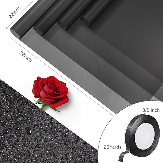 YTDEK Flower Wrapping Paper 20 Sheets Black Floral Bouquet Wrapping Paper with Ribbon for Florist Supplies Birthday Graduation Anniversary Wedding Shower