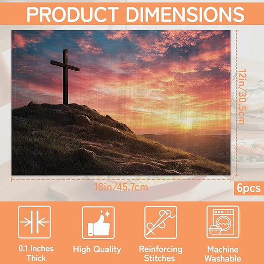 Cross Table Mats Set of 6,Sunset Mountain Non-Slip Washable Placemats for Restaurant Home Kitchen Dinner Table 12x18Inch