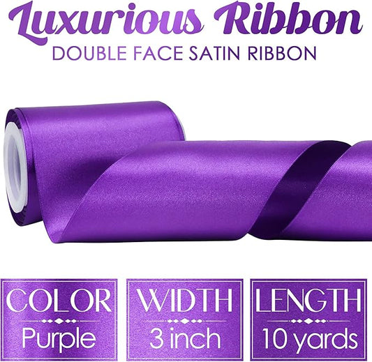 MEEDEE Purple Satin 3 Inch Ribbon Lux Double Faced Satin Ribbon Dark Purple Halloween Ribbons by 10 Yards Purple Ribbons for Christmas Tree, Flower Bouquet, Weddings, Bow Making