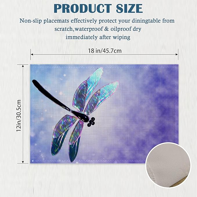 Retro Glass Dragonfly Placemats Set of 4, Waterproof Place Mats Non-Slip Washable Table Mats Set for Kitchen Dining Holiday Party Wedding Decor 12x18 Inch