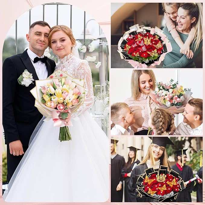 449Pcs Flower Bouquet Wrapping Accessories with Floral Wrapping Paper Gold Crowns Butterfly Decorations Gem Pins and Wooden Sticks, Ribbons for Money Bouquet Mother's Day Baby Shower Graduation