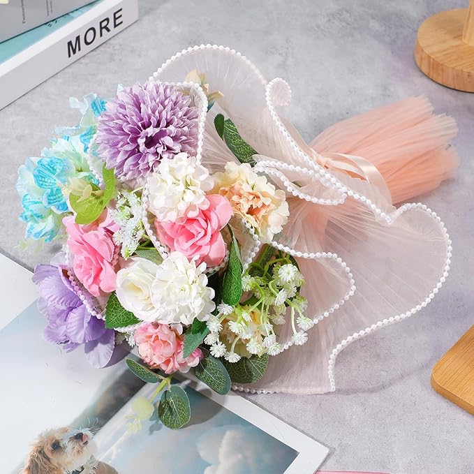 Ymapinc Pearl Mesh for Bouquets Wapping, 4 Yard Pink Floral Pearl Paper for Bouquet Flower Packaging, Bride Wedding Mother's Day Valentine's Day Gift(144x10.63inch)