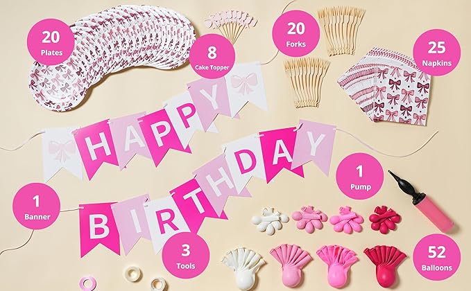 Pink Happy Birthday Decorations, Bow Coquette Birthday Decorations Includes Bow Plates, Napkins, Forks, Cupcake Toppers, Banner Balloons, and Pump Pink Decorations for Party, Serves 20