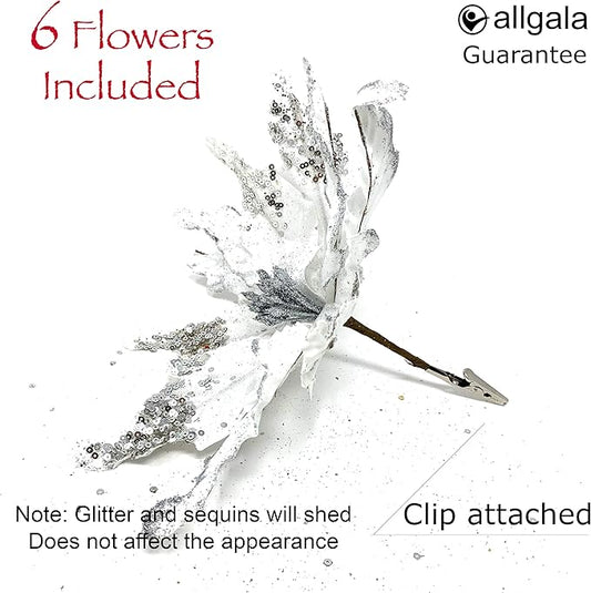 allgala 6-PK Glitter and Sequin Decorated Fabric Poinsettia Artificial Christmas Flower with Clips-Silver-XF93302