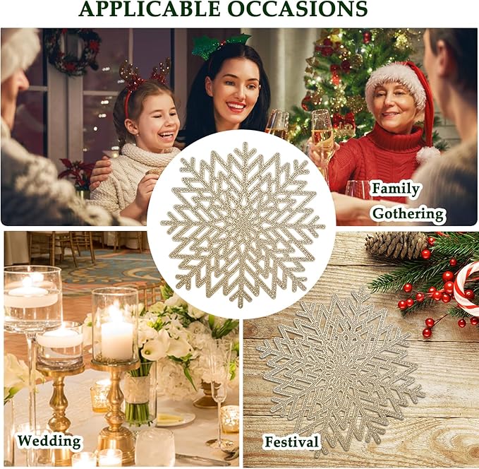 Snowflake Placemats Set of 6, Washable Christmas Placemats Snowflake Tablemats Hollow Out Round Vinyl Place Mats for Dining Table Setting Kitchen Table Mats Christmas Decoration(Gold Snowflake)
