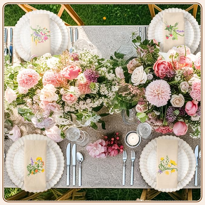 Tioncy 6 Pcs Christmas Floral Cloth Napkins Decorations Bulk Embroidered Wildflower Dinner Napkins Tea Cocktail Party Gifts Xmas Stocking Stuffers for Holiday Table Decor (Grey)
