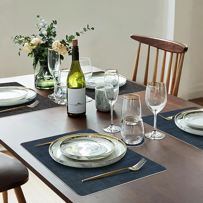 Placemats Set of 6, Faux Leather Heat Resistant Wipeable Placemats, Dual Sided Waterproof Washable Table Mats with Coaster, Suitable for Kitchen, Dining, Table Decor (6, Black Navy Blue)