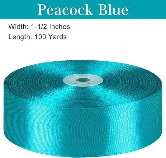 1-1/2 Inches 100 Yards Peacock Blue Satin Ribbon, Ribbon Roll for Flower Bouquets, Gift Wrapping, Wedding, Handmade Crafts