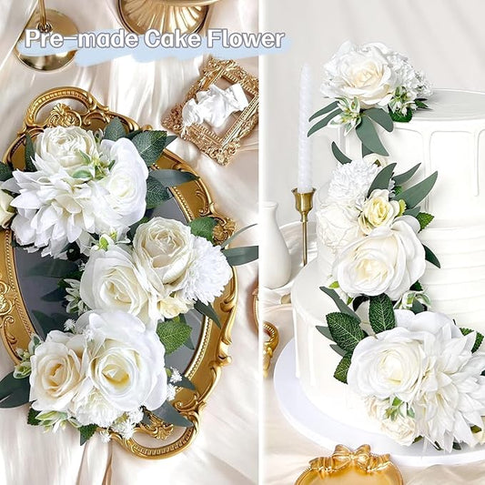 3PCS Ivory White Silk Flowers for Cakes Decorations Artificial Rose Peony Butterfly Wedding Cake Toppers Decorating Fake Floral Anniversary Birthday Party Arrangements Table Centerpieces Pre-Made