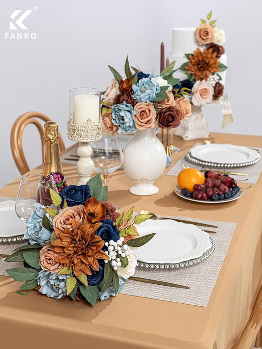 FANKO Artificial Flowers Navy Blue Rose, Mixed Fake Silk Flowers Combo Cream Yellow Rose Brown Dahlia Light Blue Peony Vintage Assorted Blooms for DIY Wedding Bridal Bouquets, Home Decor