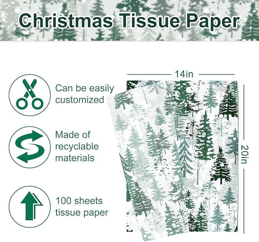 Whaline 100 Sheets Christmas Tree Tissue Paper Dark Green Folded Flat Woodland Tree Wrapping Paper Green Gift Wrapping Tissue Papers Rustic Art Crafts for Home DIY Gift Box Xmas Winter Decoration