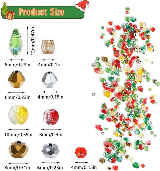 1000pcs Christmas Glass Beads for Jewelry Making Assorted Crystal Beads for DIY Crafts Bracelets Necklaces Earrings and Christmas Decorations Ornament Kits(Red Green Gold)