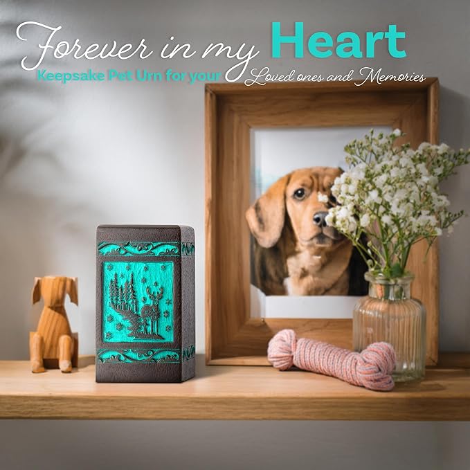 INTAJ Handcarved Rosewood Teal Green Deer Keepsake Urn for Human Ashes - Mini 20 lbs Forest Wooden Cremation Urn Box for Sharing Infant - Decorative Wildlife Memorial Casket Secure