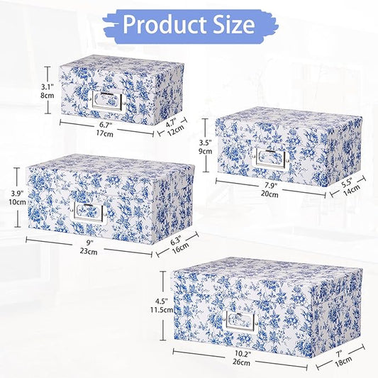 Briful Blue and white Porcelain Storage Boxes, Photos Storage Boxes with Lids 4 in 1 Set Water-proof Gift Boxes Sets Decorative Multiple Size Storage Bins for Clothes/Office/Christmas Decorations
