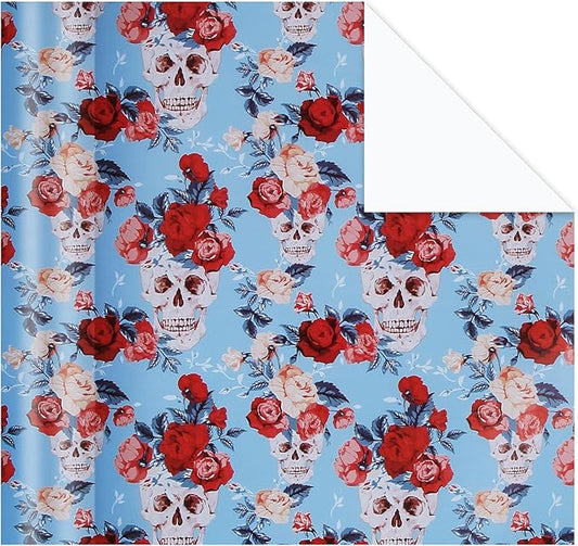 Aimyoo Blue Skull Floral Wrapping Paper Jumbo Roll 17 in x 60ft, Gothic Gift Wrap Paper for Halloween Wedding Bridal Shower