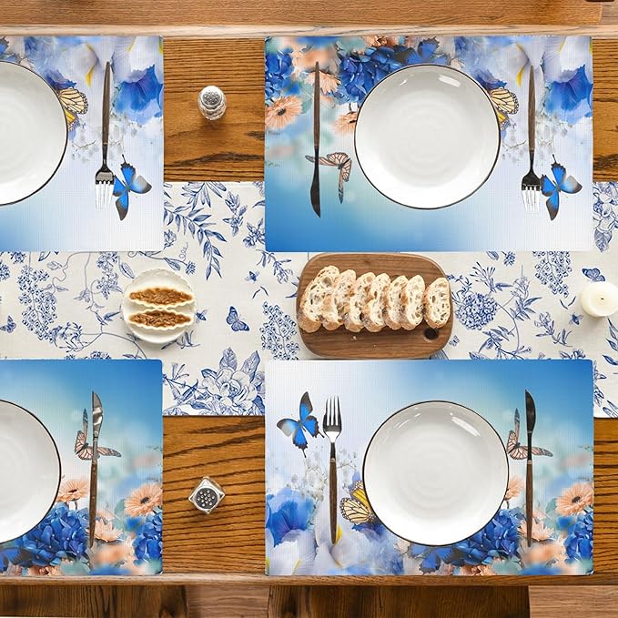 Flying Butterfly Placemats Set of 4, Blue Flowers 12x18 Inch Non-Slip Washable Heat Resistant Linen Fabric Table Mats,Place Mats for Holiday Party